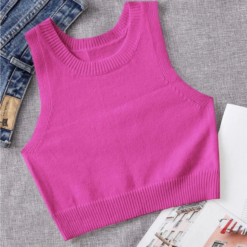 866. Solid Ribbed Pink Sleeveless Knit Sweater Crop Top Tank Top
